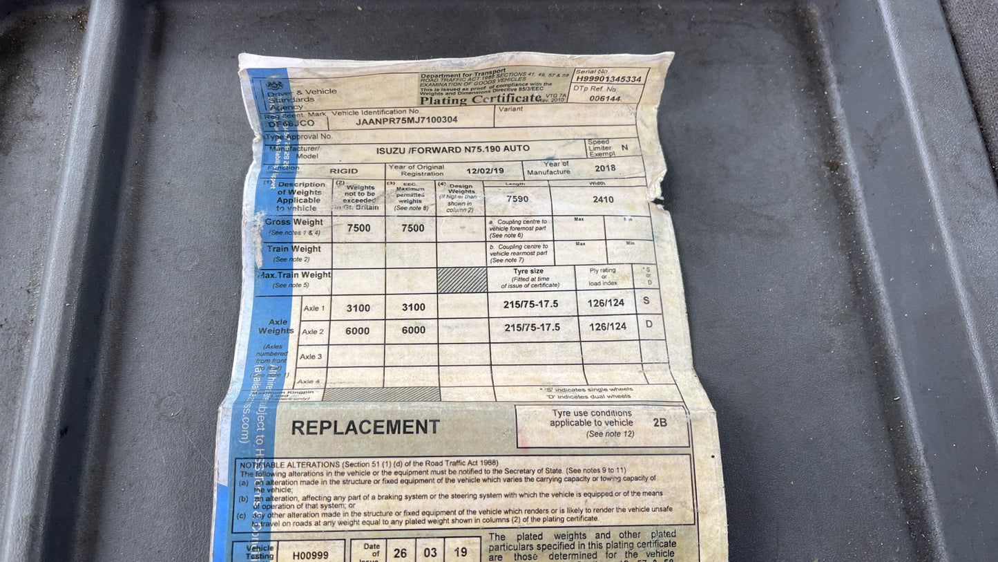 Isuzu Forward N75.190 L Dropside – 2019 (DF68 JCO)