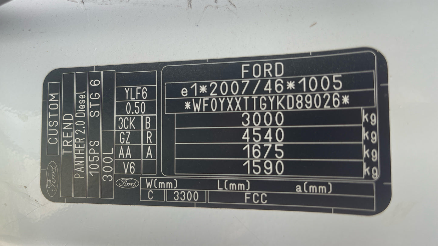 Ford Transit Custom 2.0 300 EcoBlue Trend L2 H1 Euro 6 Panel Van – 2019 (WP19 YNT)